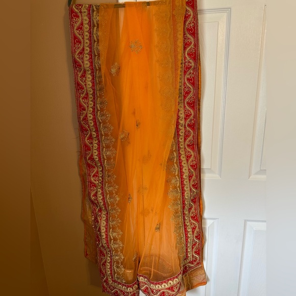 Orange and red net dupatta with gold thread-work and sequins - Picture 5 of 6